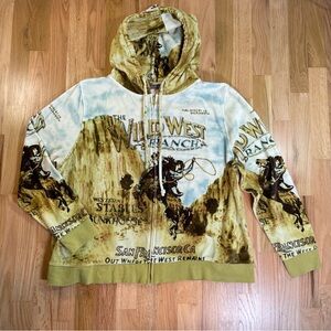 French Postcards Womens Wild West Print Full Zip Hoodie Size 1X Rhinestones